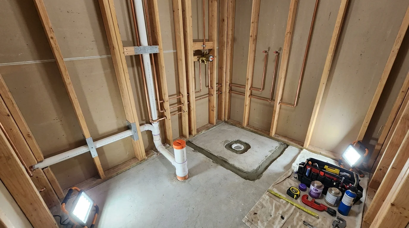 Bathroom rough-in plumbing during remodel by Johns Plumbing LLC in Grinnell