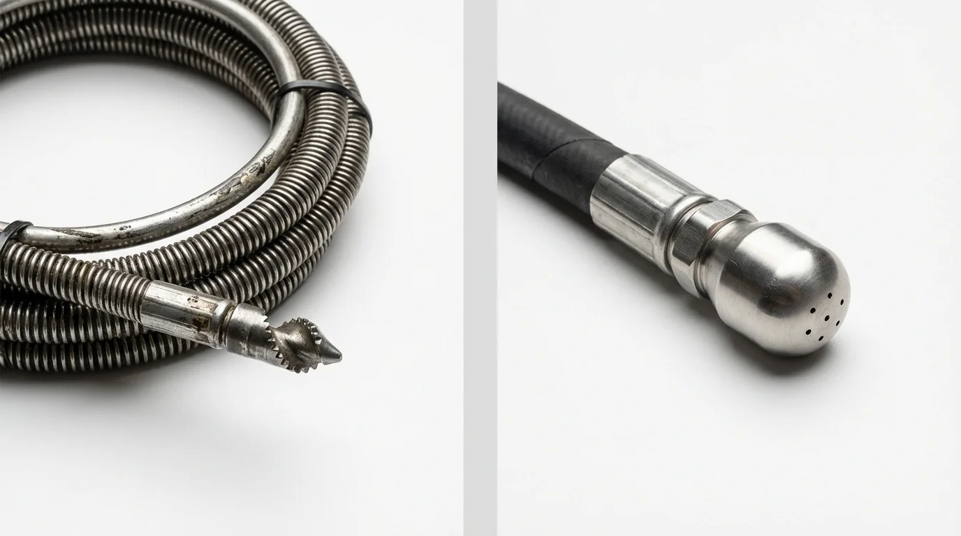 Drain snake cable and hydro jetting nozzle used for drain cleaning in Grinnell, IA