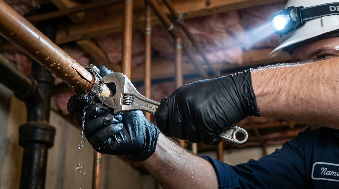 Emergency pipe clamp repair being performed by a Johns Plumbing LLC plumber in Grinnell