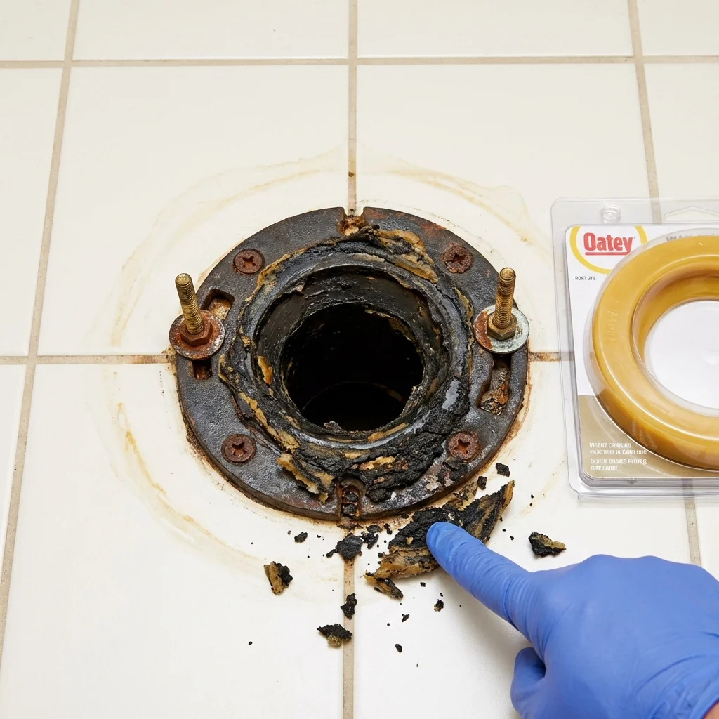 Failed wax ring showing water seepage at the base of a toilet in a Grinnell, IA home