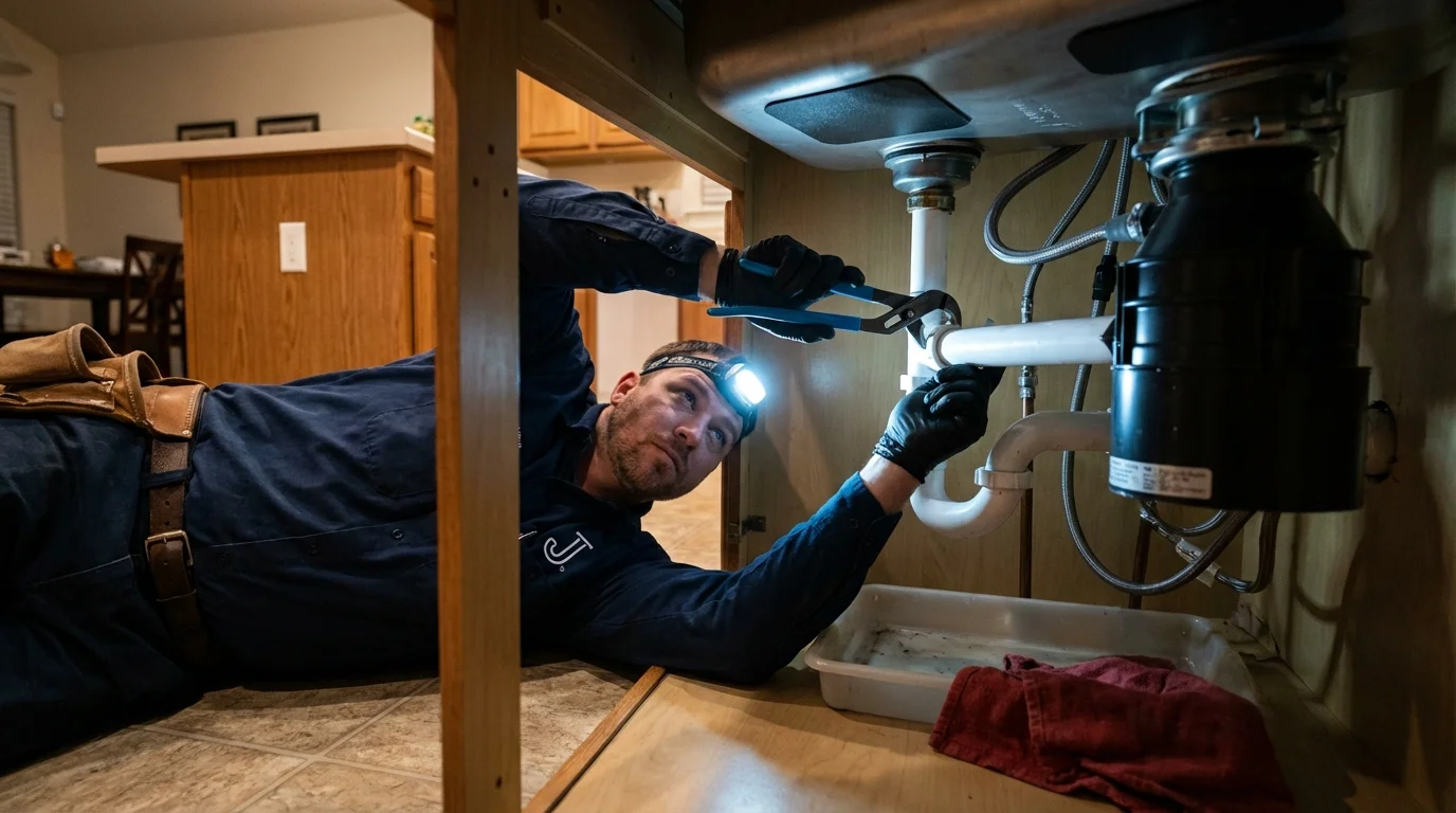 P-trap and supply line connections under a kitchen sink showing a common leak point in Grinnell, IA